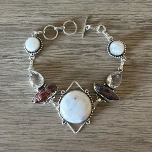 0906 Rainbow Moonstone Biwa Pearl Bracelet Handmade Silver Statement Jewelry